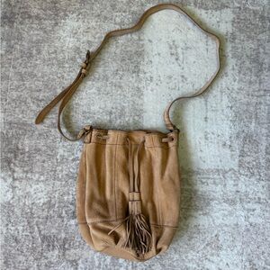Lucky Brand Tan Leather Tassel Drawstring Crossbody Bag